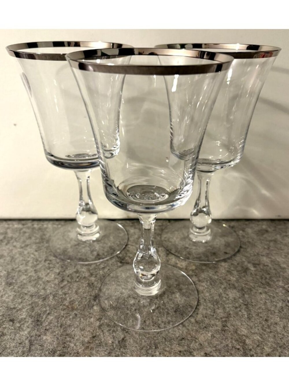 3 Vintage Fostoria Water Goblets Or Wine Glasses with Platinum Rim  # 3367